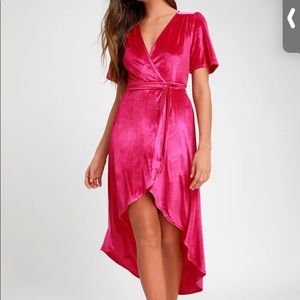 Hot Pink and Teal Green Velvet High-Low Wrap Dress